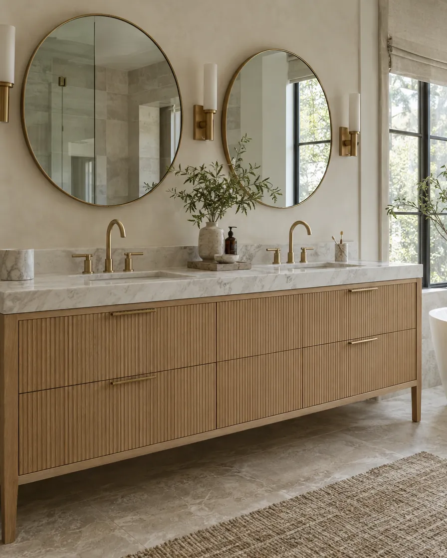 Fluted white oak double vanity with round mirrors and brass faucets
