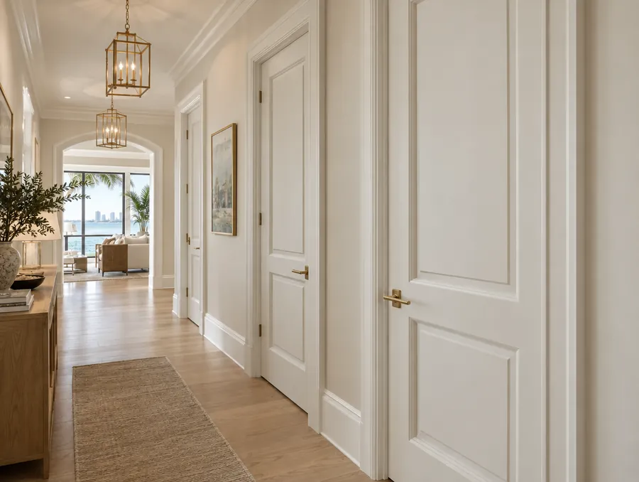 Hallway with tall paneled interior doors and brass levers