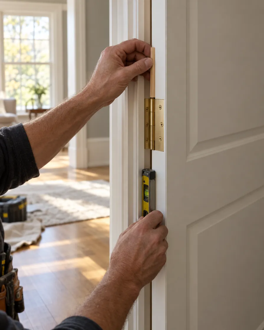 Interior door and trim detail with a level