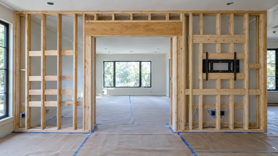 New interior wall framing with a door opening