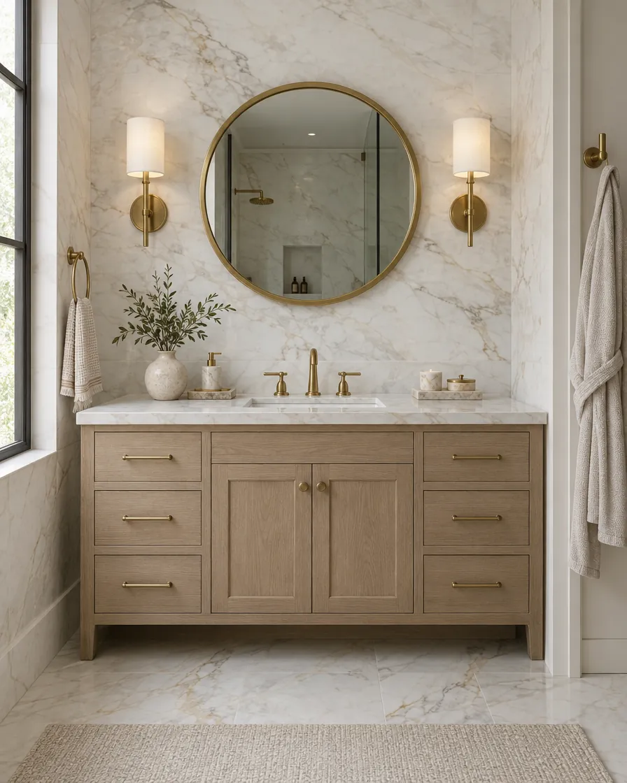 Round brass mirror and two sconces centered over a white oak vanity